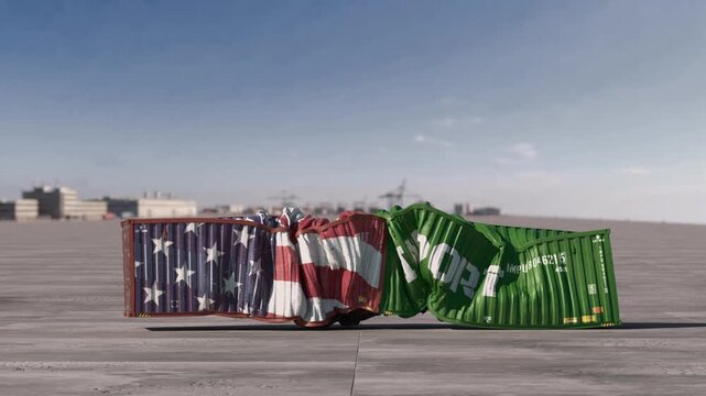 Crushed shipping containers on concrete surface. slow motion