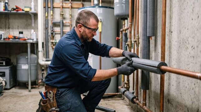 Plumber installing foam sleeve insulation around copper pipes in a utility room while working on a building plumbing system.