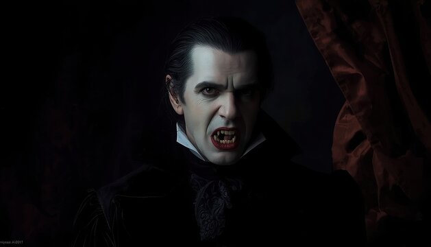 Classic vampire man showing sharp fangs and aggressive expression in dark gothic setting with halloween creature portrait expression aggressive mysterious sinister thriller character suspense