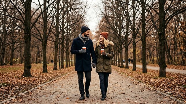 Young couple walking together along a path in autumn park