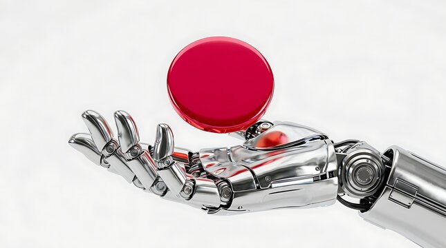 Robotic hand holding a glowing red orb concept of technology