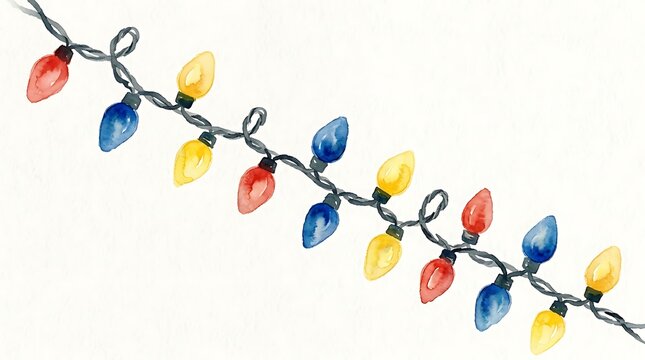 Diagonal string of colorful festive holiday lights on white background