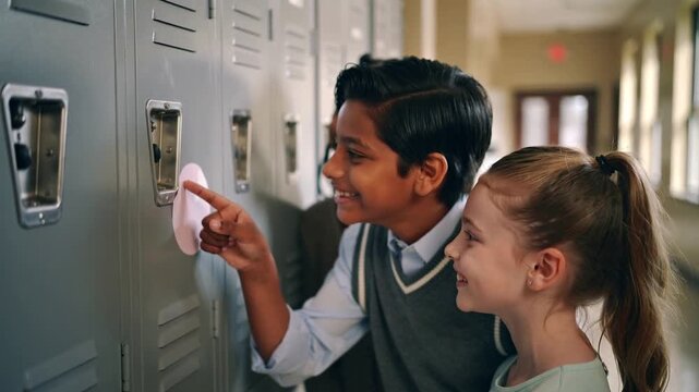 Noticing pink note, boy in vest pointing and touching locker in school hallway, classmates curious