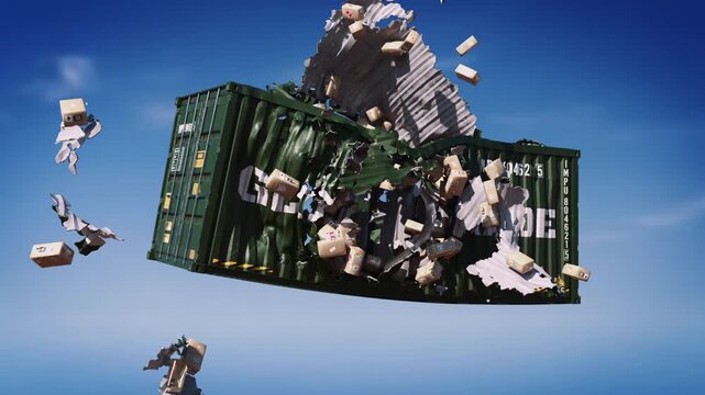 Exploding global trade container scattering cardboard boxes