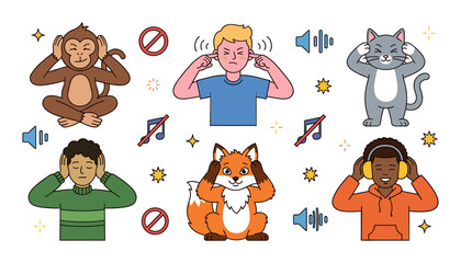 Fototapeta premium Loud Noise Protection and Audio Control Vector Icon Set Featuring Diverse People and Cute Animals Covering Ears from High Volume Sounds