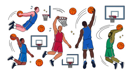 Basketball Slam Dunk and Athlete Jump Action Vector Icon Set Featuring Diverse Male Basketball Players Scoring with Hoops and Backboards Concepts © MstAnzu