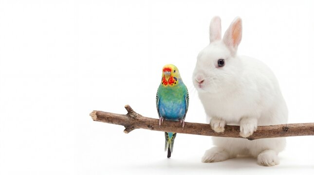 colorful budgerigar parrot and fluffy rabbit sitting together on branch against white background. unusual animal friendship. pet shop banner, website header with copyspace.