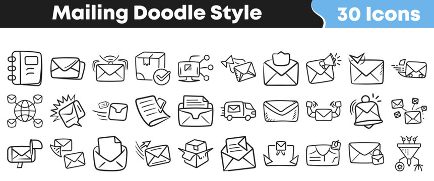Hand drawn mailing icons set featuring various communication and shipping symbols