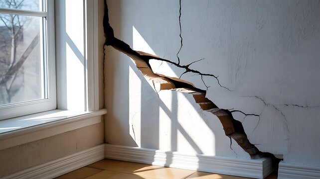 A large structural crack in a white wall extending from the floor to the ceiling near a window with bright sunlight casting shadows on the surface