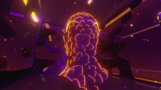 Seamless loop of abstract human bust with glowing cellular wireframe. Digital futuristic artificial intelligence sculpture surrounded by organic forms and particle streams science background.