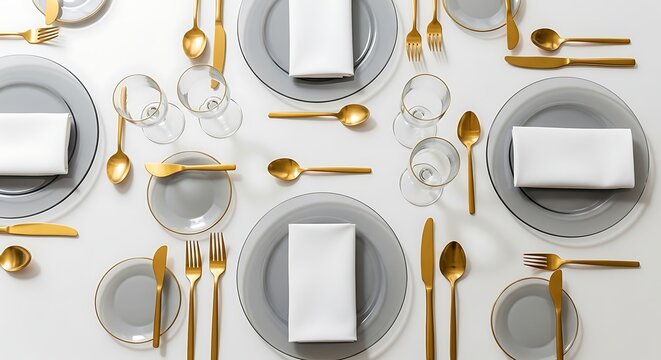Luxury table setting with gold cutlery.