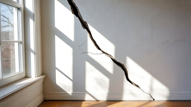 A large jagged crack running diagonally across a white interior wall in a room with natural sunlight streaming through a window nearby in the house