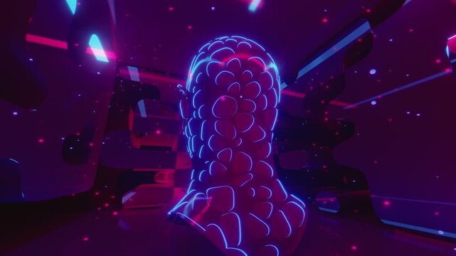Seamless loop of abstract human bust with glowing cellular wireframe. Digital futuristic artificial intelligence sculpture surrounded by organic forms and particle streams science background.
