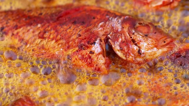 Spicy marinated fish is deep fried until golden and crispy, creating a flavorful seafood dish with a crunchy coating. Ideal for restaurant menus, food advertising, culinary content, and food delivery.