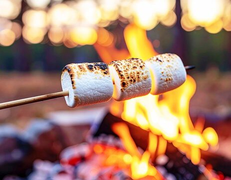 Roasting marshmallows on stick, glowing fire flame, closeup. AI