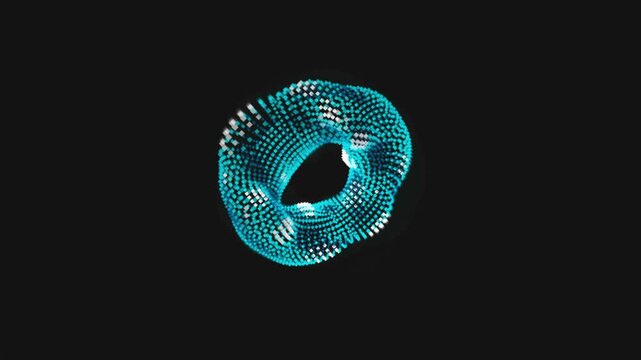 Glowing blue digital torus animation composed of small geometric particles rotating in dark motion video footage