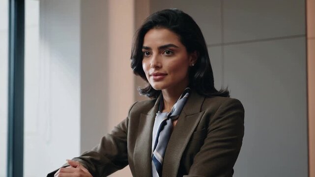 Sitting woman in tailored blazer scarf keeping attentive pose on stool as camera tightens by window