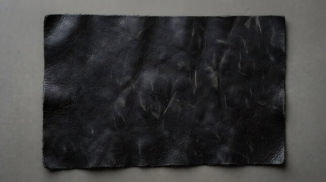 Textured black leather swatch lying on a gray background