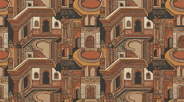 Ancient middle eastern architectural pattern with terracotta arches and columns for cultural background.