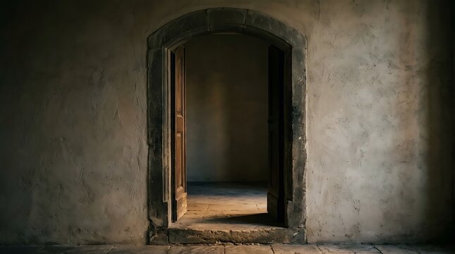Ancient stone arched doorway leading into a dark empty room