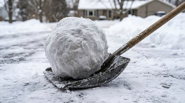 Large snowball sitting on a metal shovel in a winter driveway