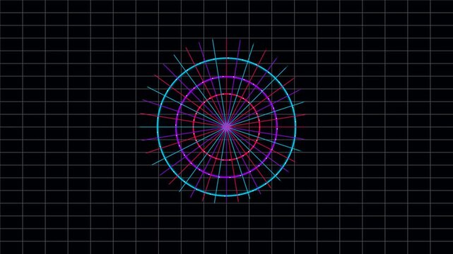 Pulsating neon circular grid animation featuring vibrant colorful light beams against a dark geometric background video