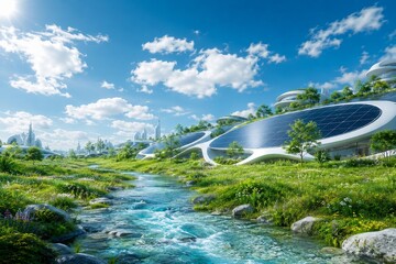 Fototapeta premium Futuristic Solar Energy Landscape with Sustainable Eco City