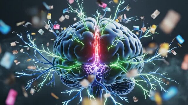 Abstract visualization of a glowing human brain with electrical impulses and swirling smoke effects representing thought and consciousness