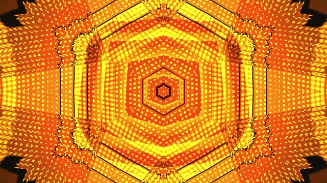 Orange and golden geometric shapes create a bright symmetrical kaleidoscope motion background with pixel patterns.