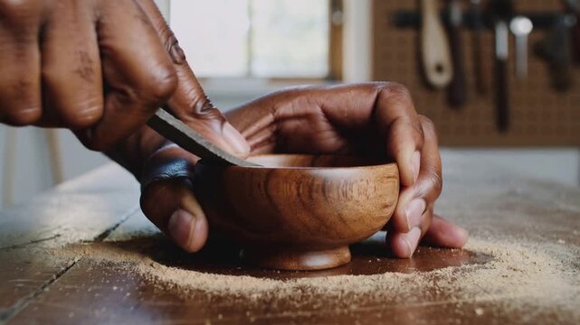 Starting maker's hands in denim scraping bowl on bench with scraper smoothing rim leaving sawdust
