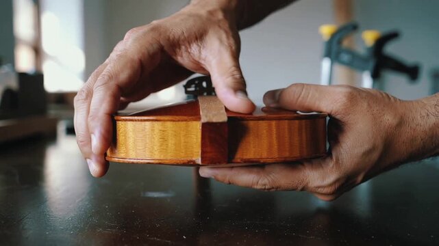 Entering frame, luthier's hands stabilizing violin on workbench, positioning bridge for alignment