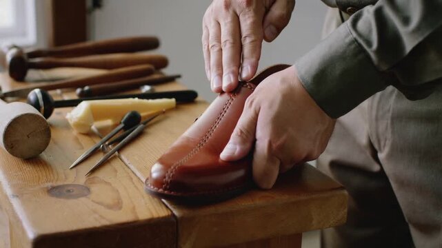 Pressing green-sleeved hands smoothing shoe upper on bench with mallets after placing to set seam