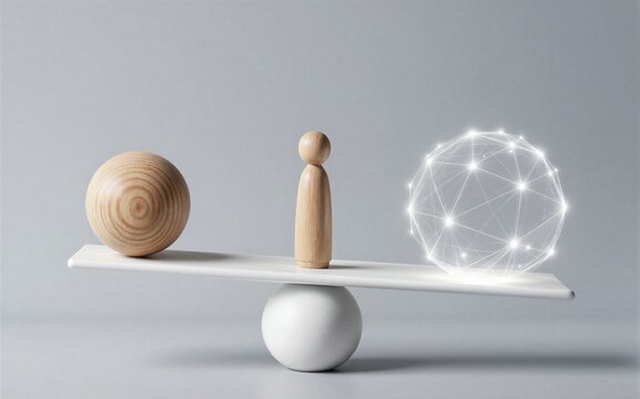 Wooden figure balances a natural sphere against a glowing digital network.