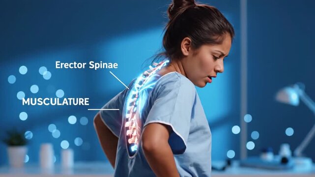 Anatomical 3D visualization of human spine spinal column and lumbar region with nerves highlighted medical concept