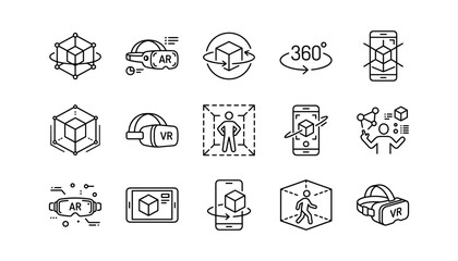 Fototapeta premium Virtual Reality VR and Augmented Reality AR Tech Line Icon Set for Metaverse Interface Systems, Simulation Goggles Layouts, and Spatial Computing Smartphone Designs