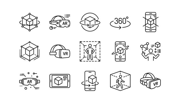 Virtual Reality VR and Augmented Reality AR Tech Line Icon Set for Metaverse Interface Systems, Simulation Goggles Layouts, and Spatial Computing Smartphone Designs