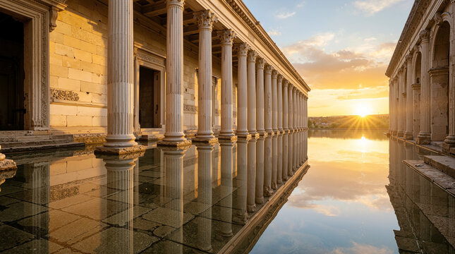 Ancient Classical Roman Temple Colonnade with Marble Pillars Reflected in Calm Water at Golden Hour Sunset
