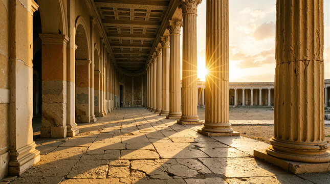 Ancient Classical Colonnade Bathed in Golden Hour Sunlight with Majestic Stone Pillars and Architectural Shadows