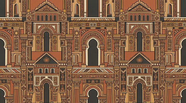 Intricate seamless architectural pattern with islamic arches and geometric details in warm earth tones.
