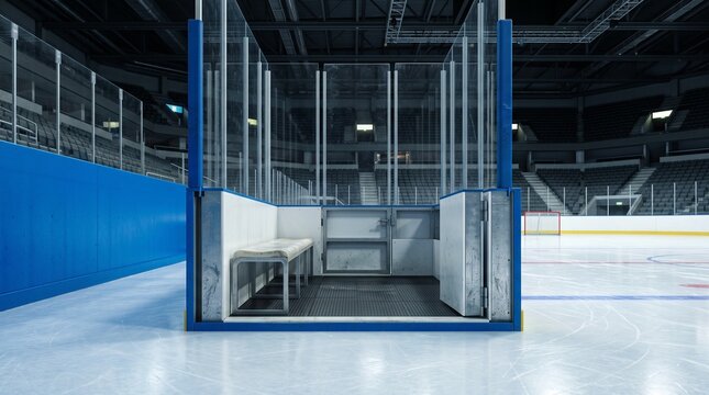 Empty penalty box in hockey rink in modern indoor arena  