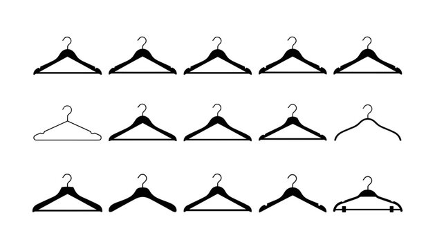 Set of black garment hangers in various shapes and designs for clothing display and wardrobe organizer templates