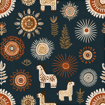 Seamless folk sun and llama motif pattern