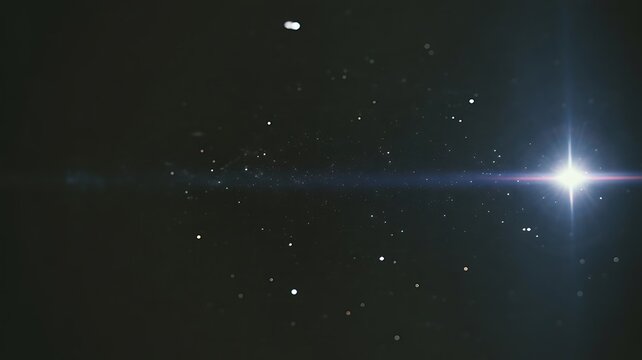 A single bright star emitting a horizontal light flare in the dark night sky, surrounded by tiny distant stars, capturing a cosmic atmosphere