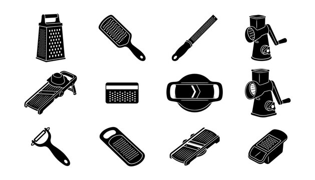 Kitchen Grater and Vegetable Slicer Icon Set with Mandoline, Rotary Shredder, Cheese Zester, and Peeler Symbols for Cooking Equipment and Culinary Vector Graphic Designs