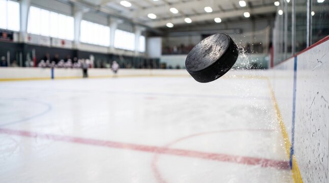 Hockey puck flying through air, Flying hockey puck on ice rink during game in indoor arena  