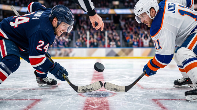 Close-up of hockey puck drop, Two male hockey players facing off at center ice during a match  