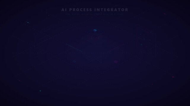 Isometric AI process integrator interface with neon data visualization and technology elements on dark background