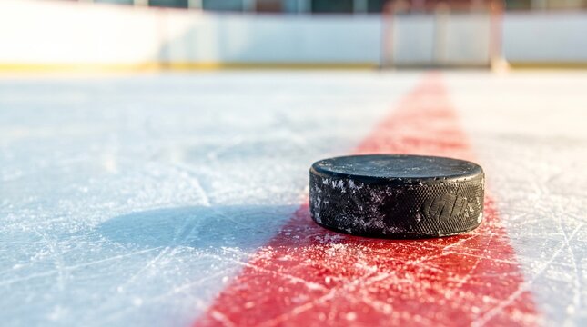 Ice hockey puck on red line of ice rink outdoors in winter sunlight  