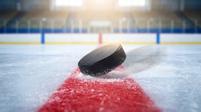 Ice hockey puck on red line under bright indoor lights  