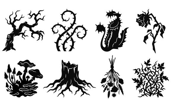 Set of black silhouettes featuring spooky forest elements like dead trees thorny vines mushrooms tree stumps and dried herbs